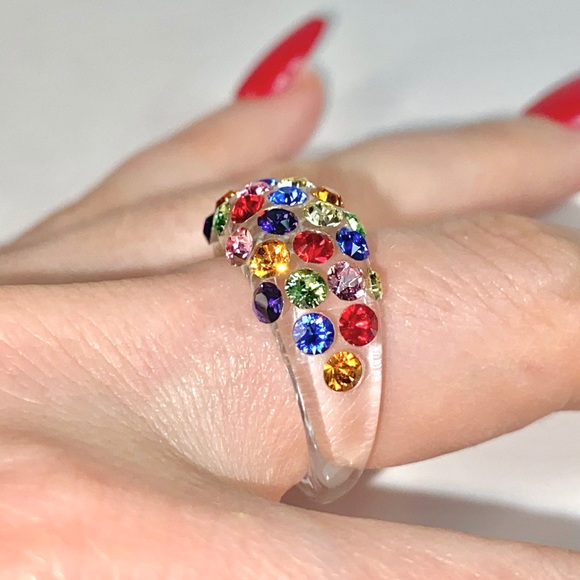 Multicoloured Acrylic Ring Embellished With Genuine Crystal Stone Elements New! - Picture 3 of 12